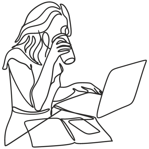 Black and white icon of a woman drinking a coffee and working from home with a laptop, notebook, and phone.